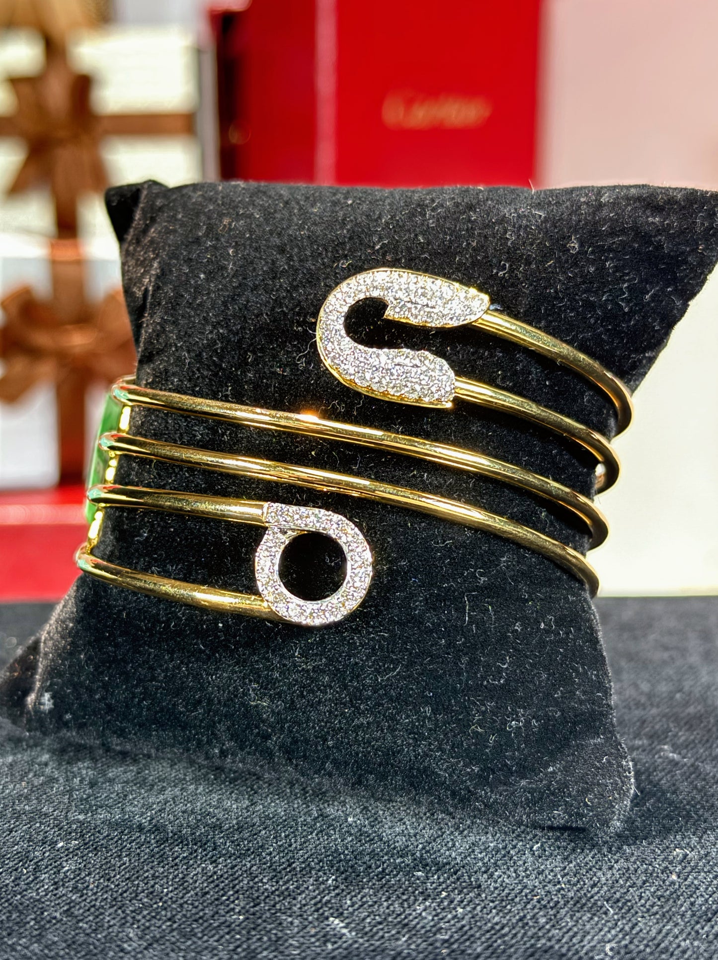 Three Wrap Safety Pin 18k Yellow Gold Diamond Bangle