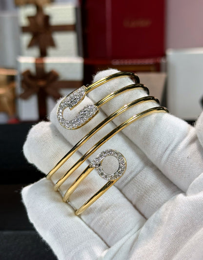 Three Wrap Safety Pin 18k Yellow Gold Diamond Bangle