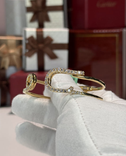 Open Safety Pin 18k Yellow Gold Diamond Bangle