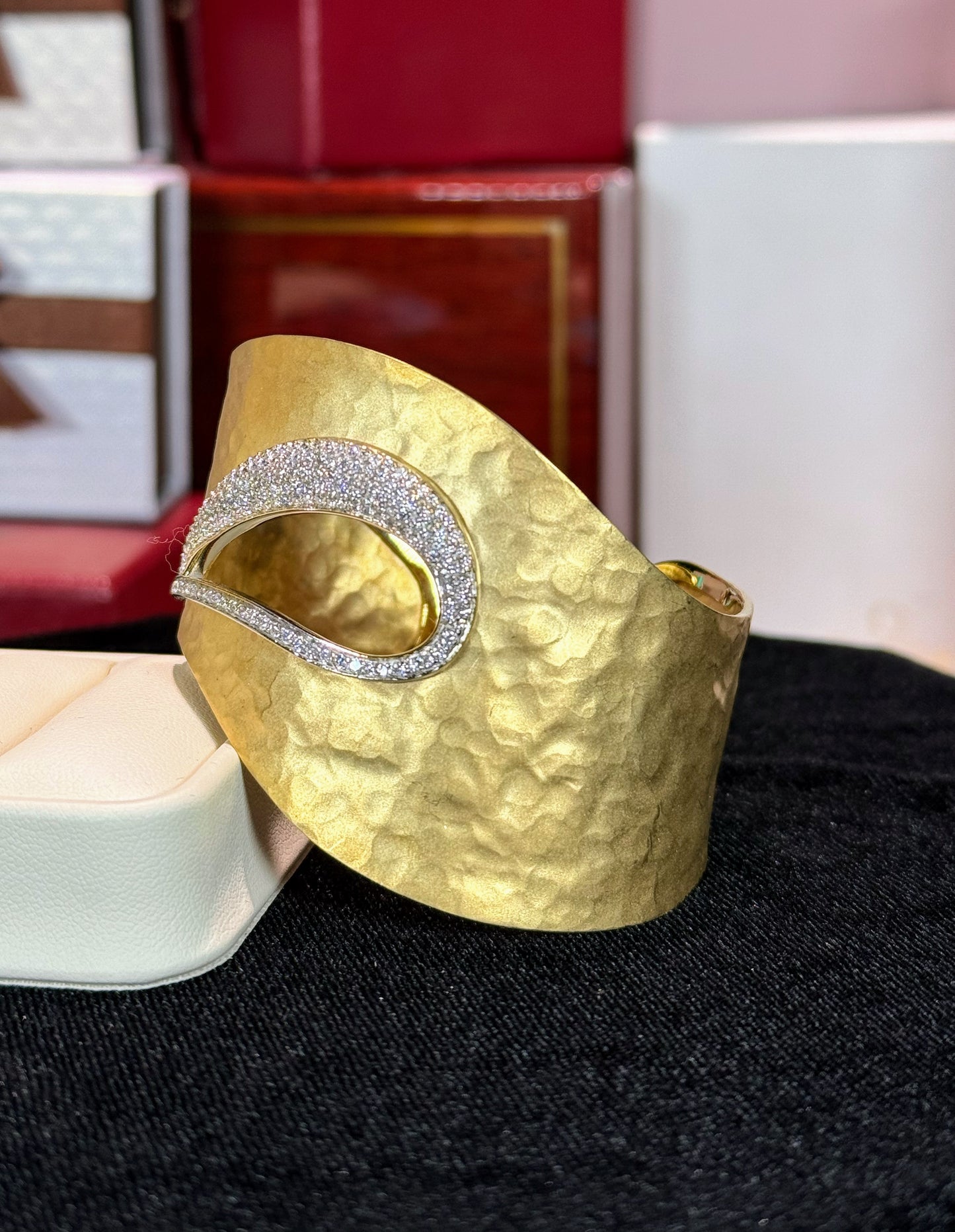 Hammered Gold Plate With Diamond 14k Yellow Gold Bangle