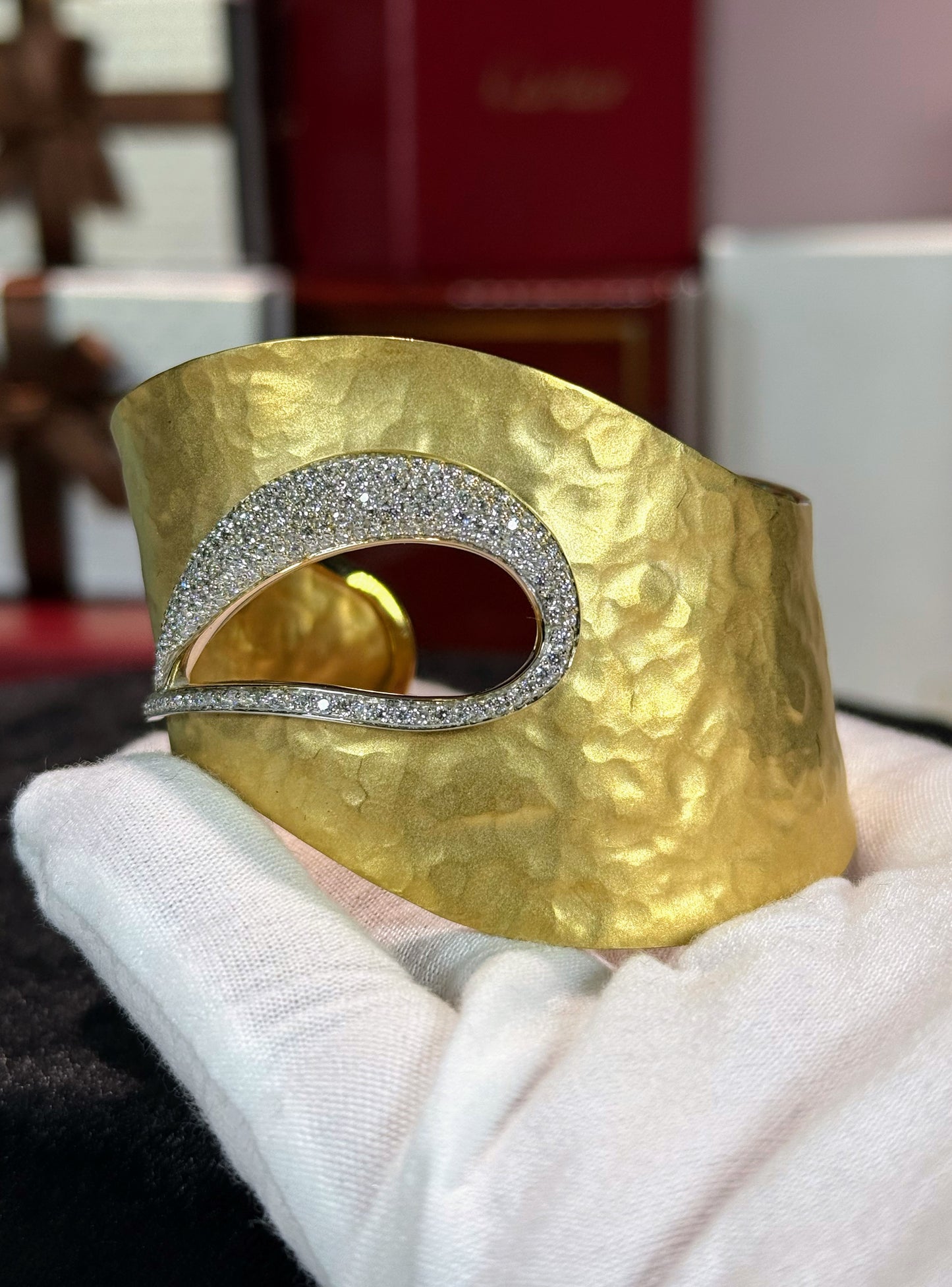 Hammered Gold Plate With Diamond 14k Yellow Gold Bangle