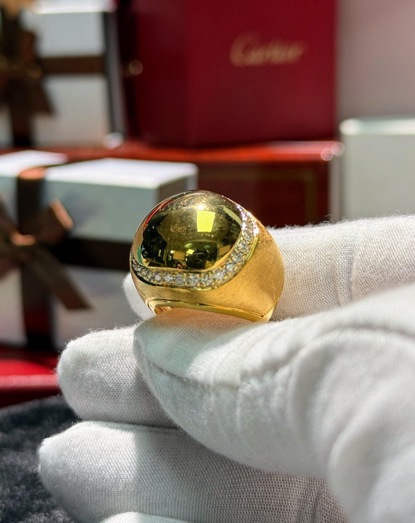 Shiny and Matte Finish 14k Yellow Gold Diamond Ring