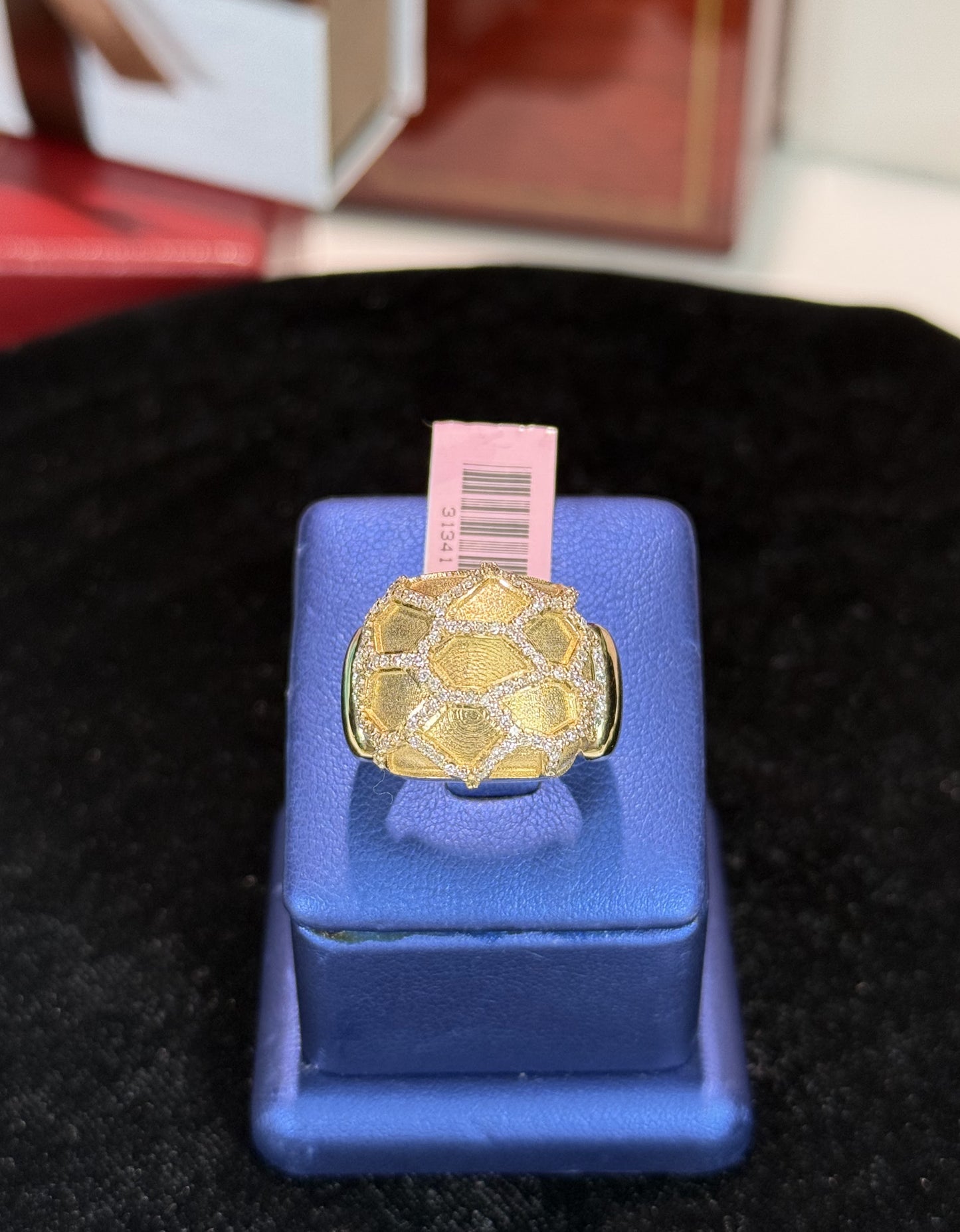 Patterned 14k Yellow Gold and Diamond Ring