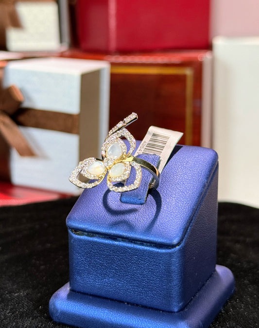 Three Petals Moonstone and Diamond 14k Yellow Gold Ring