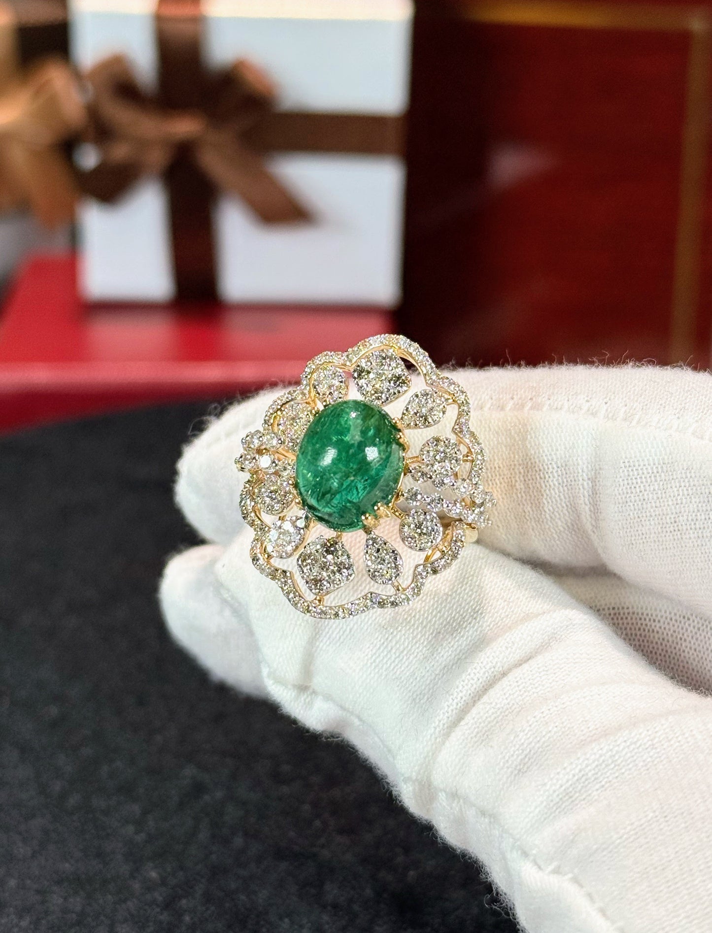Cabochon Emerald and Diamond 14k Yellow Gold Ring