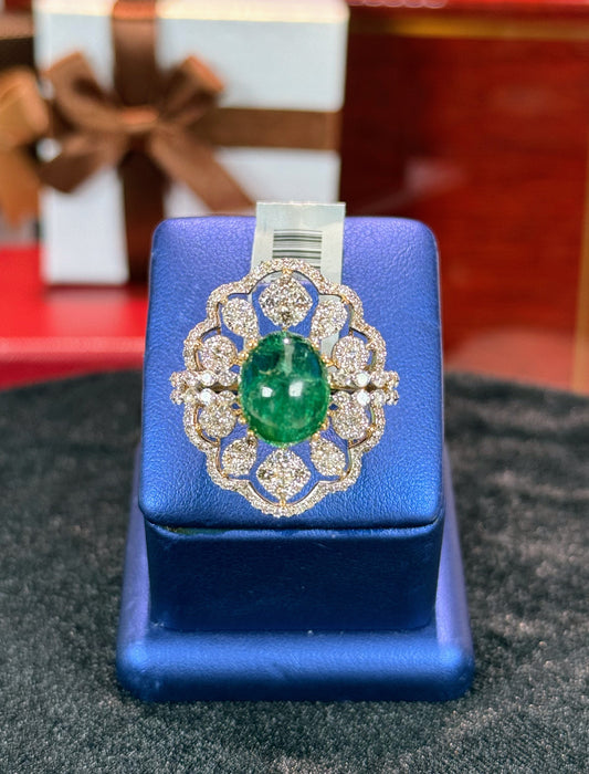 Cabochon Emerald and Diamond 14k Yellow Gold Ring
