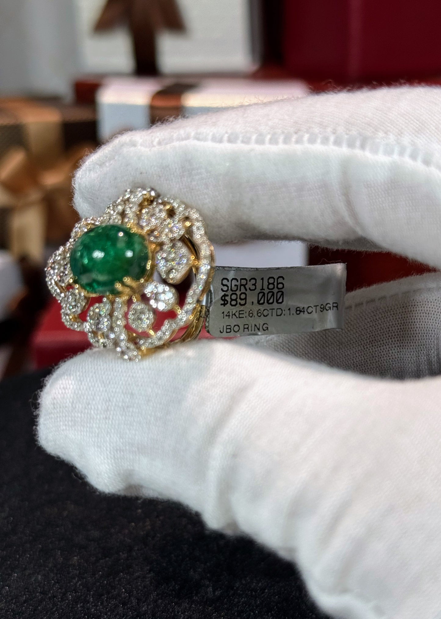 Cabochon Emerald and Diamond 14k Yellow Gold Ring