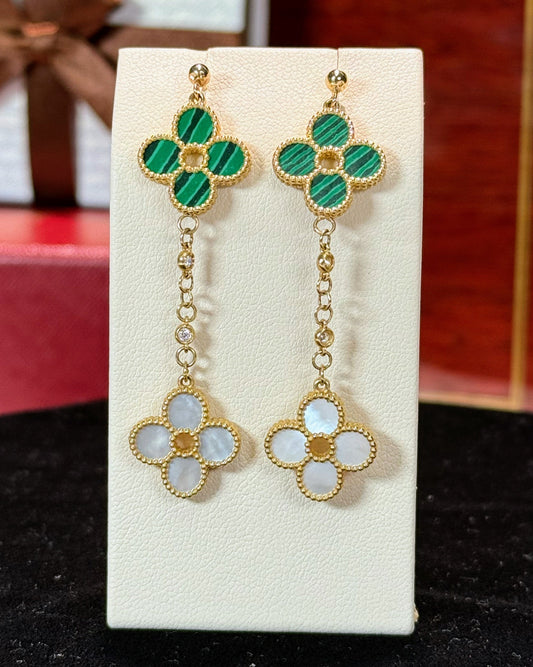 Van Cleef Inspired 14k Yellow Gold Four Pedals Dangling Earrings