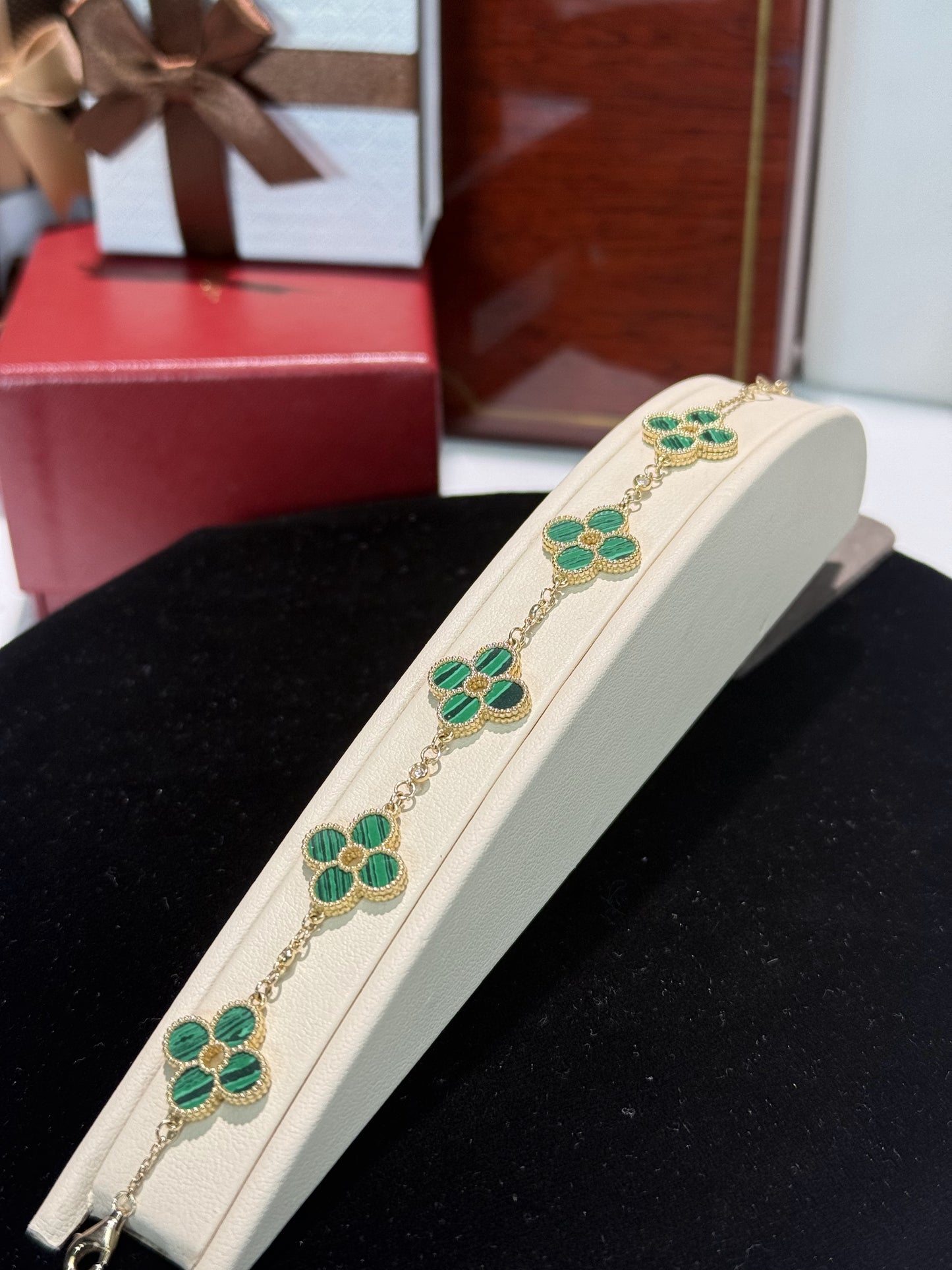 Van Cleef Inspired 14k Yellow Gold Green Malachite Four Pedals Bracelet