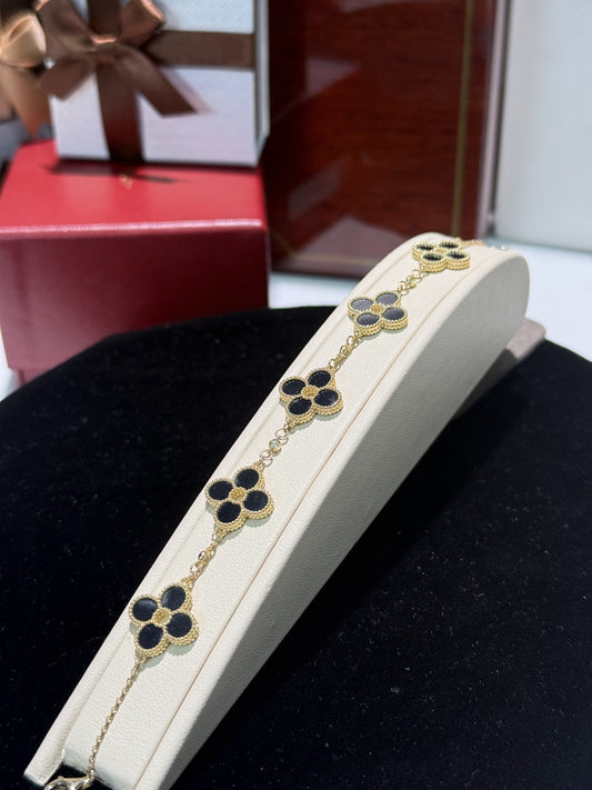 Van Cleef Inspired 14k Yellow Gold Black Onyx Four Pedals Bracelet