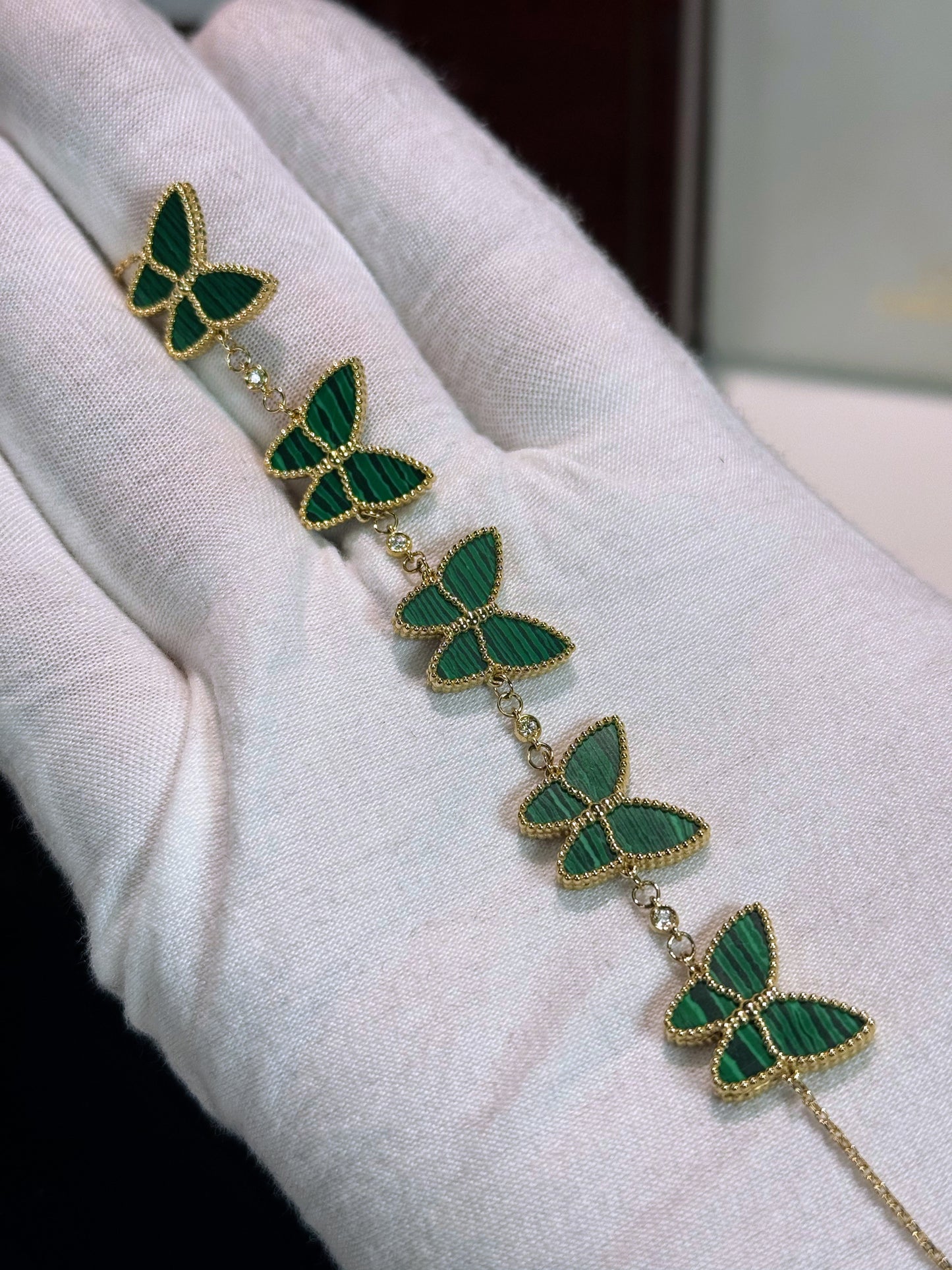 Van Cleef Inspired 14k Yellow Gold Green Malachite Butterfly Bracelet