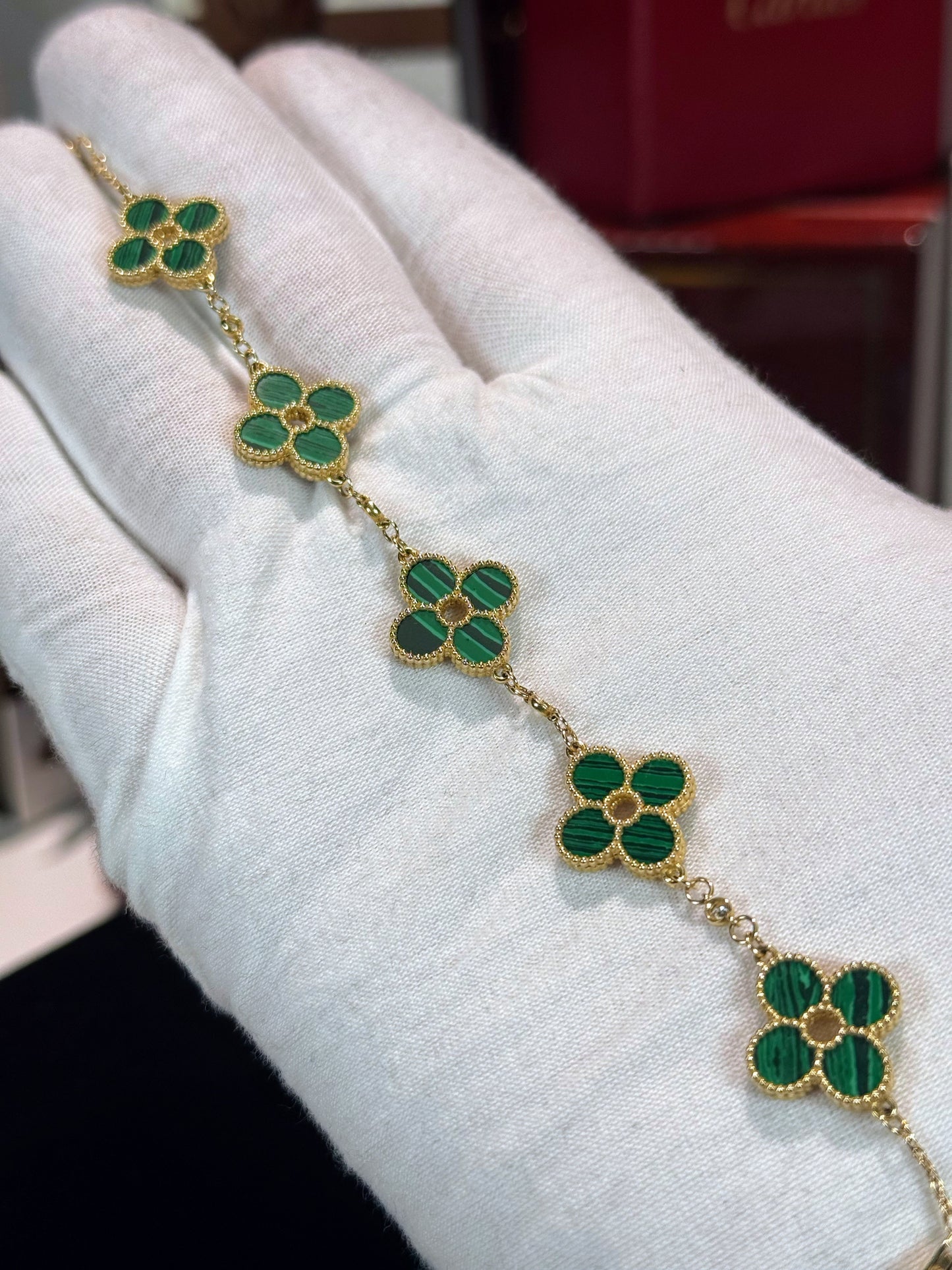 Van Cleef Inspired 14k Yellow Gold Green Malachite Four Pedals Bracelet