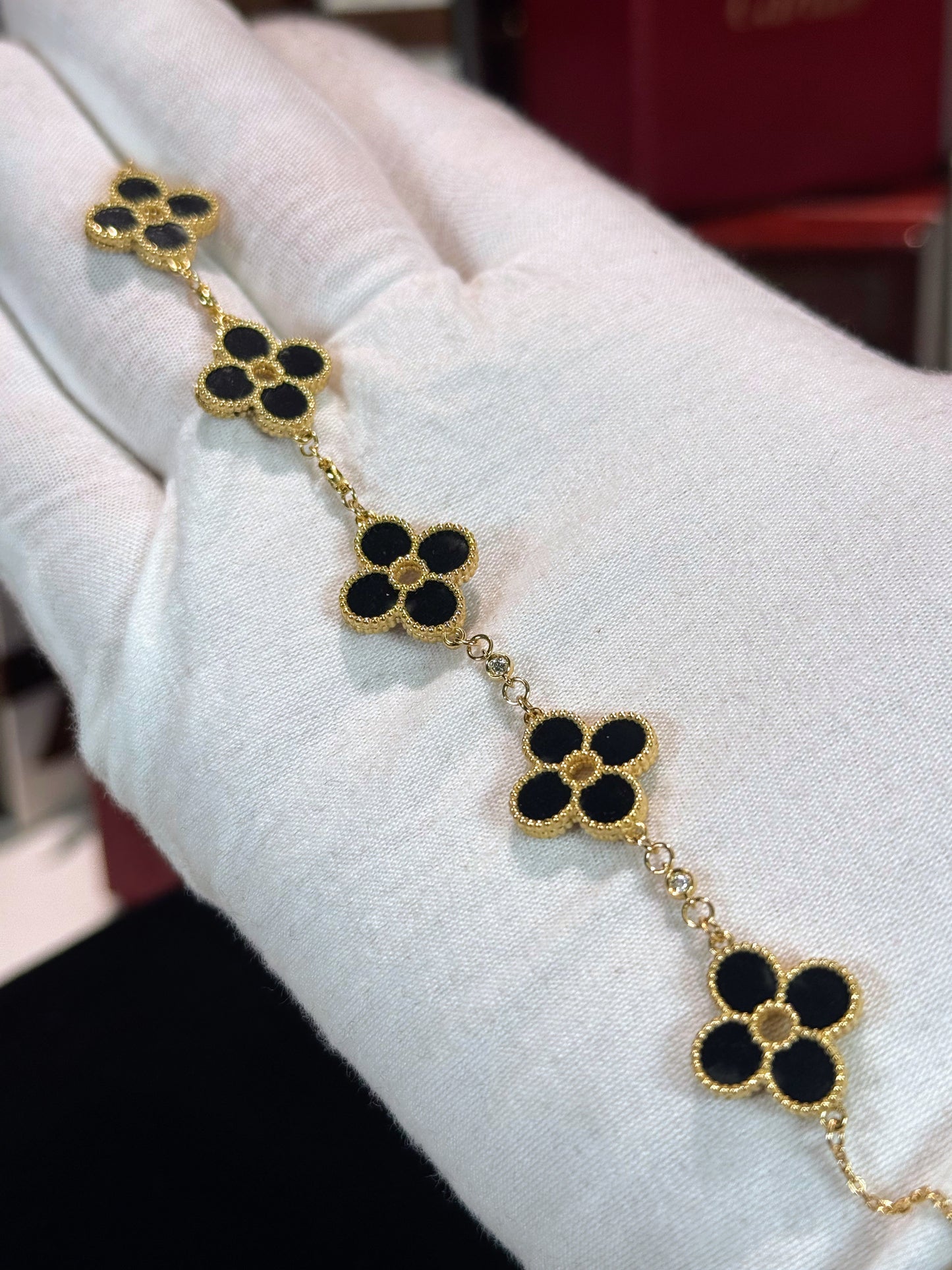 Van Cleef Inspired 14k Yellow Gold Black Onyx Four Pedals Bracelet