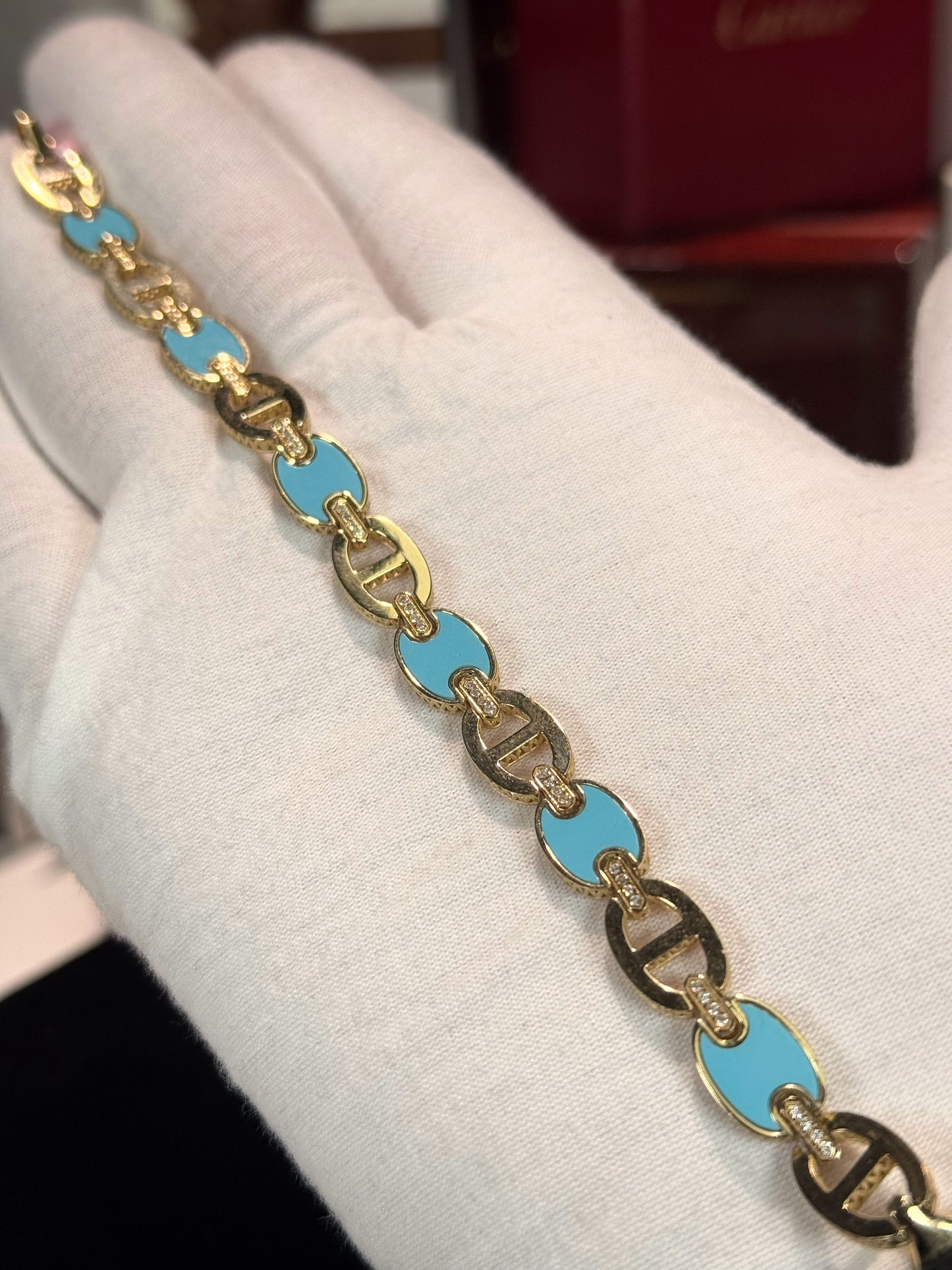 Blue Enamel Link Design 14k Yellow Gold Bracelet