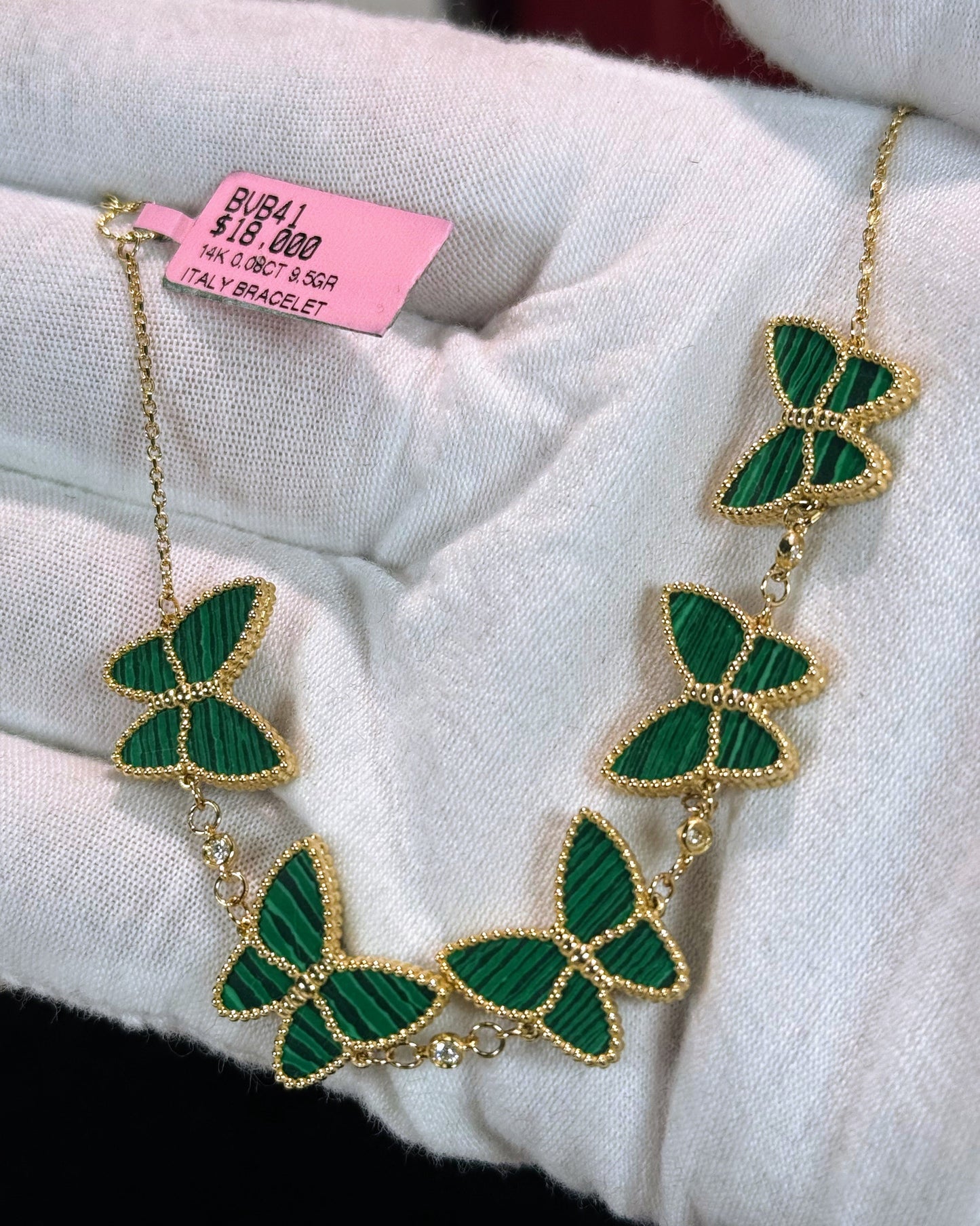 Van Cleef Inspired 14k Yellow Gold Green Malachite Butterfly Bracelet