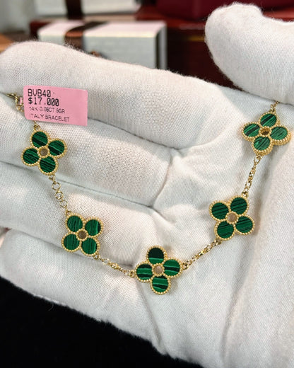 Van Cleef Inspired 14k Yellow Gold Green Malachite Four Pedals Bracelet