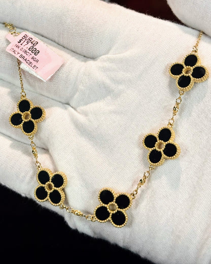 Van Cleef Inspired 14k Yellow Gold Black Onyx Four Pedals Bracelet
