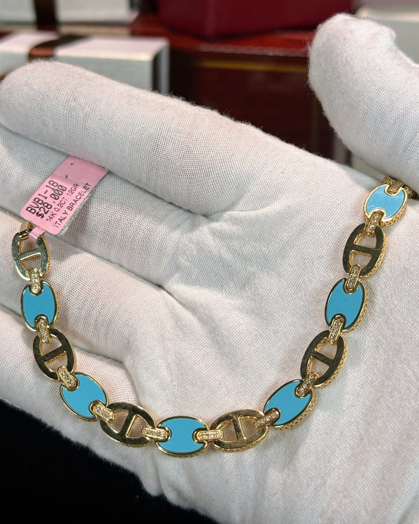 Blue Enamel Link Design 14k Yellow Gold Bracelet