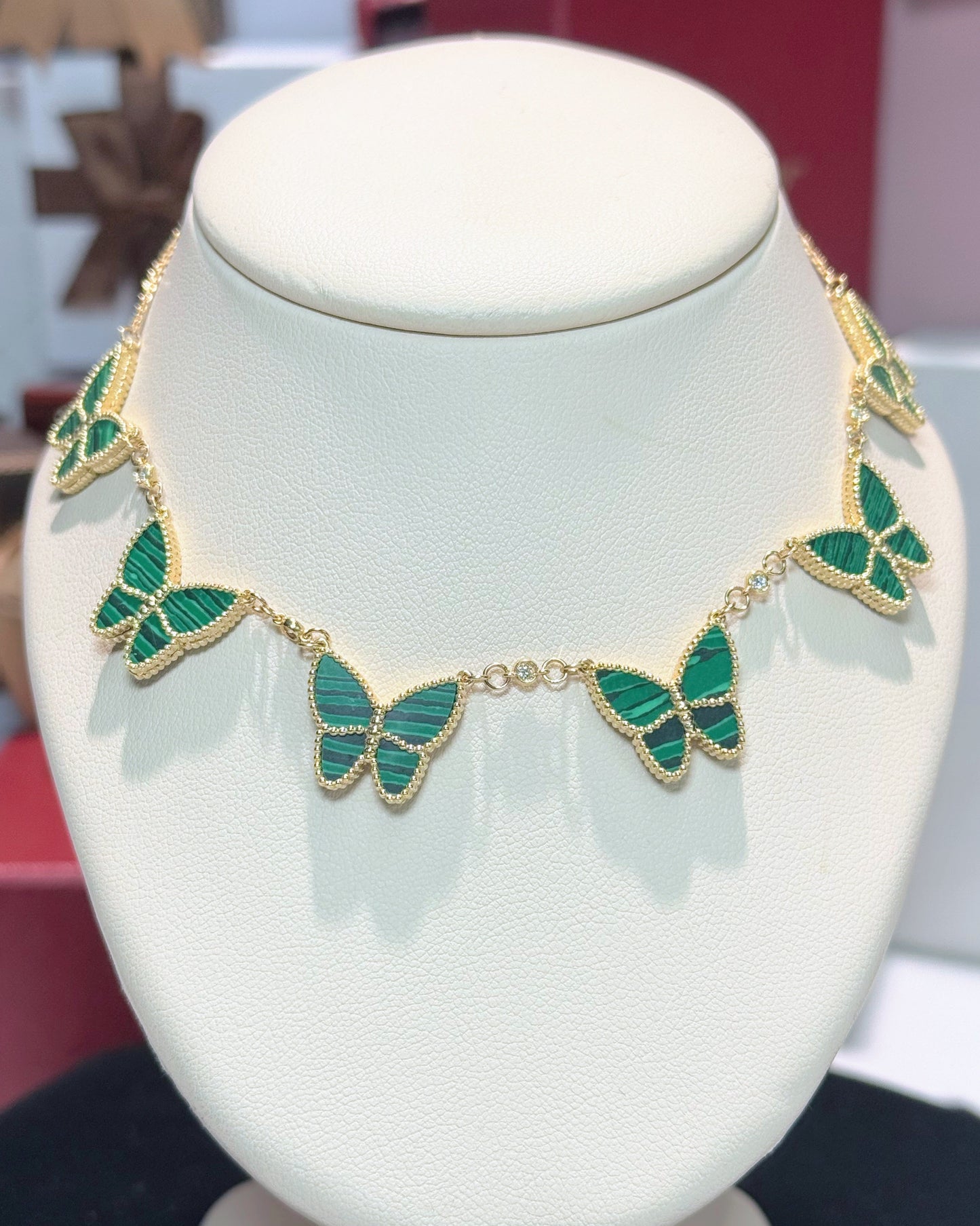 Van Cleef Inspired 14k Yellow Gold Green Malachite Butterfly Necklace
