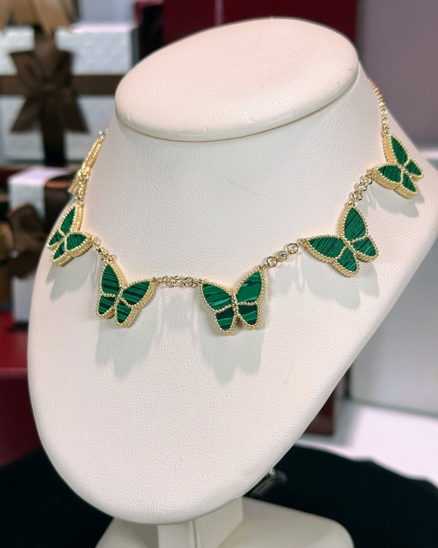 Van Cleef Inspired 14k Yellow Gold Green Malachite Butterfly Necklace