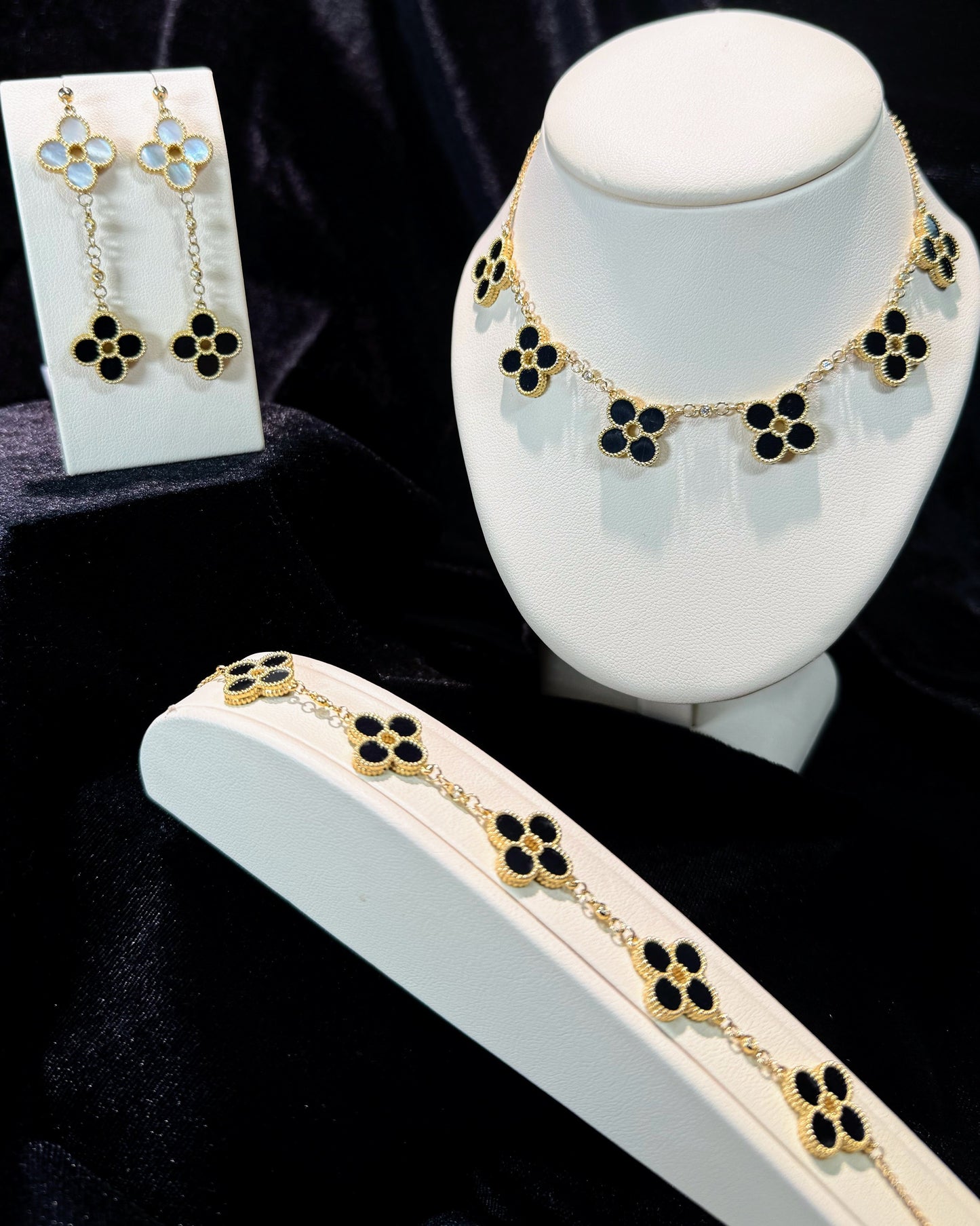 Van Cleef Inspired 14k Yellow Gold Black Onyx Four Pedals Necklace