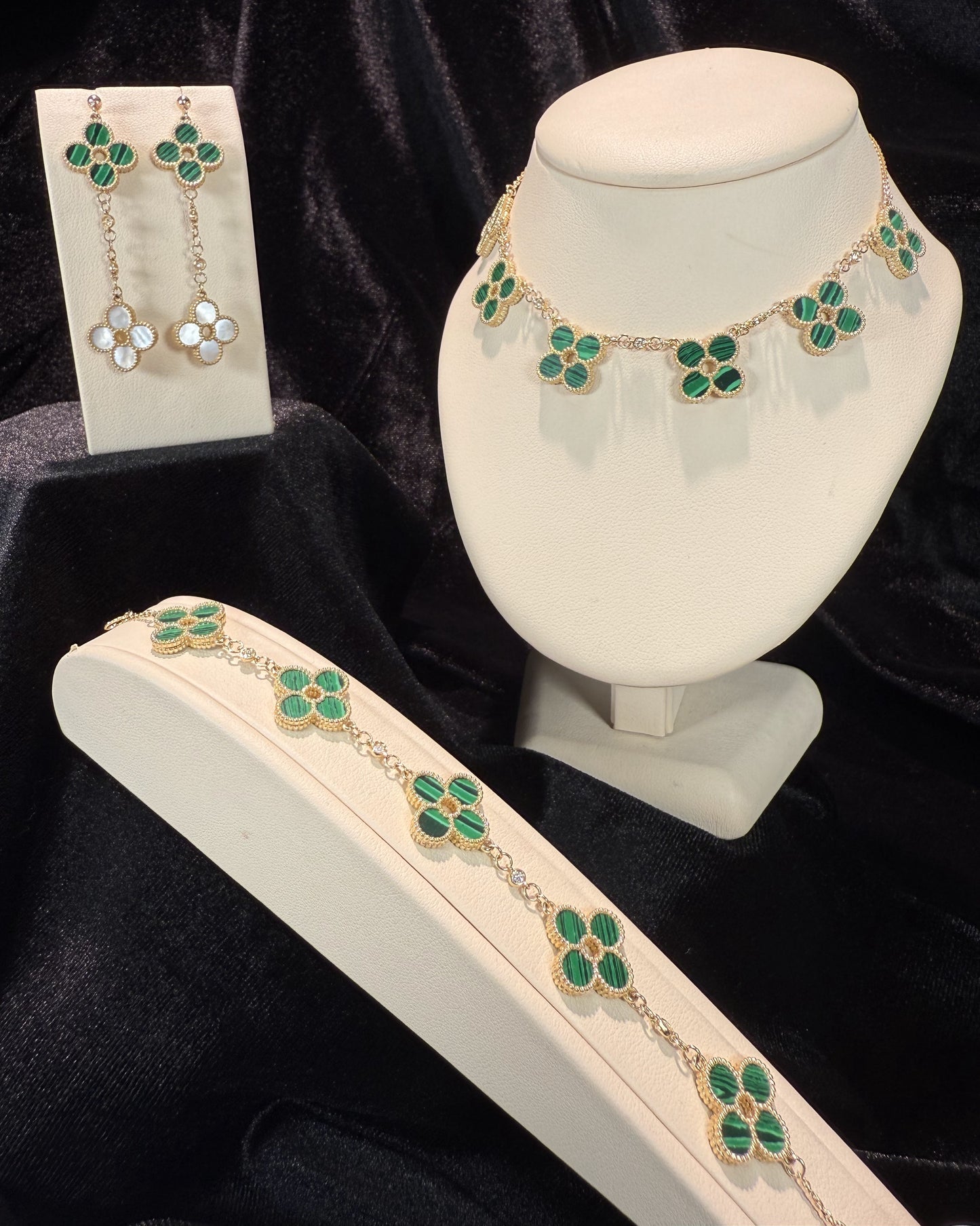 Van Cleef Inspired 14k Yellow Gold Green Malachite Four Pedals Bracelet