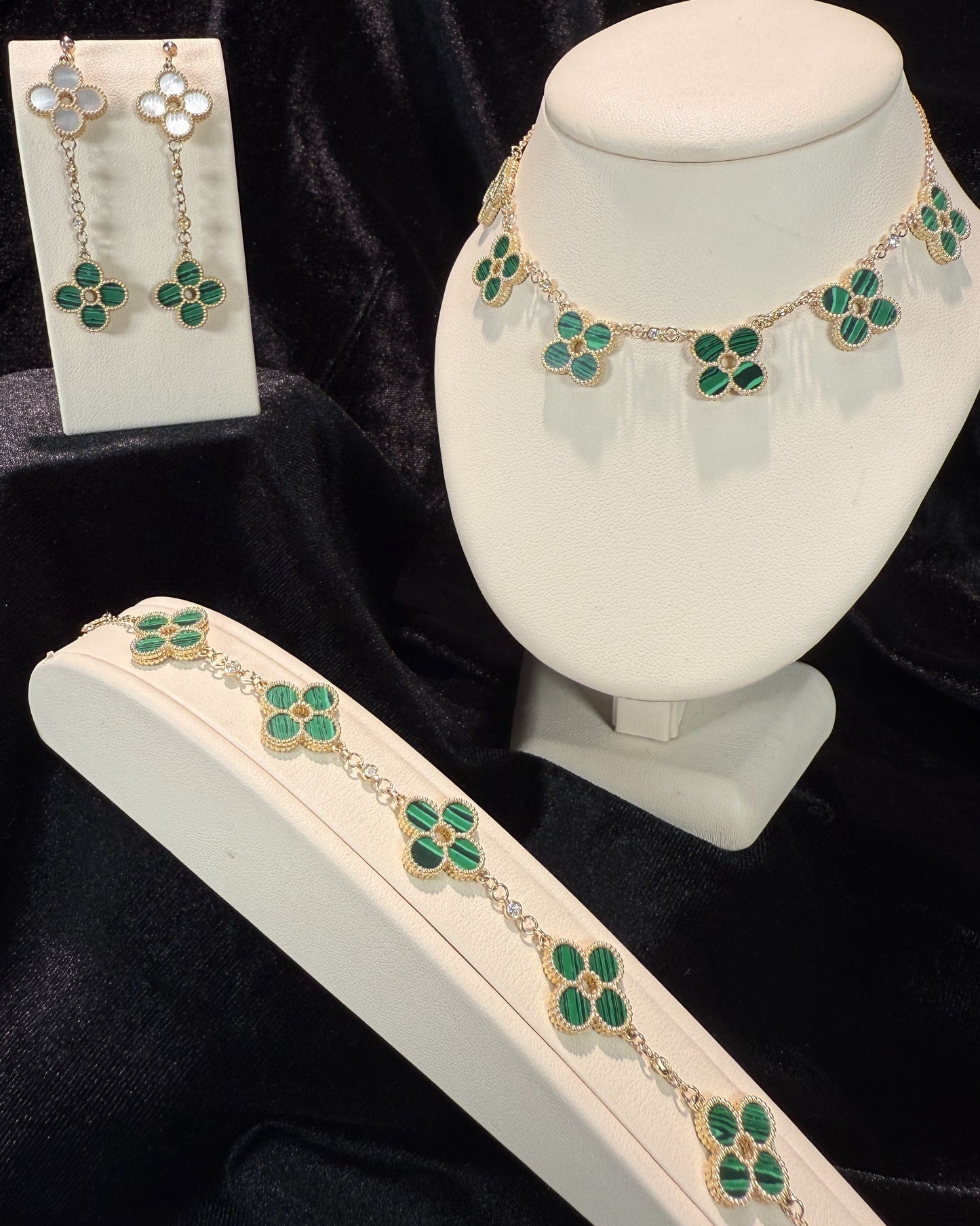 Van Cleef Inspired 14k Yellow Gold Green Malachite Four Pedals Bracelet