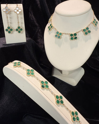 Van Cleef Inspired 14k Yellow Gold Green Malachite Four Pedals Bracelet