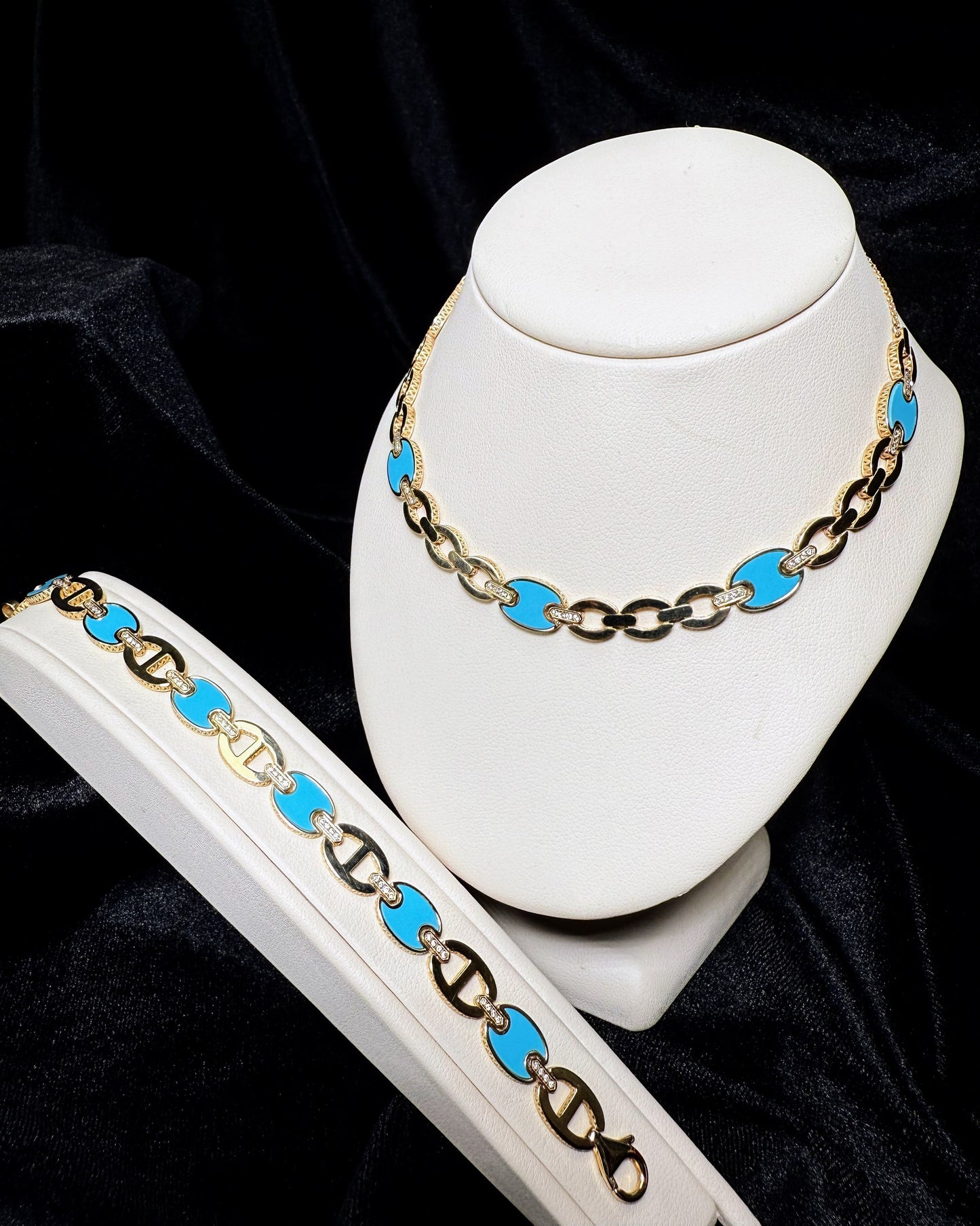 Blue Enamel Link Design 14k Yellow Gold Necklace