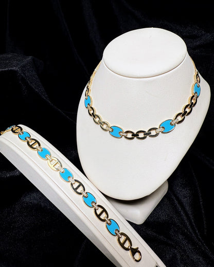 Blue Enamel Link Design 14k Yellow Gold Necklace