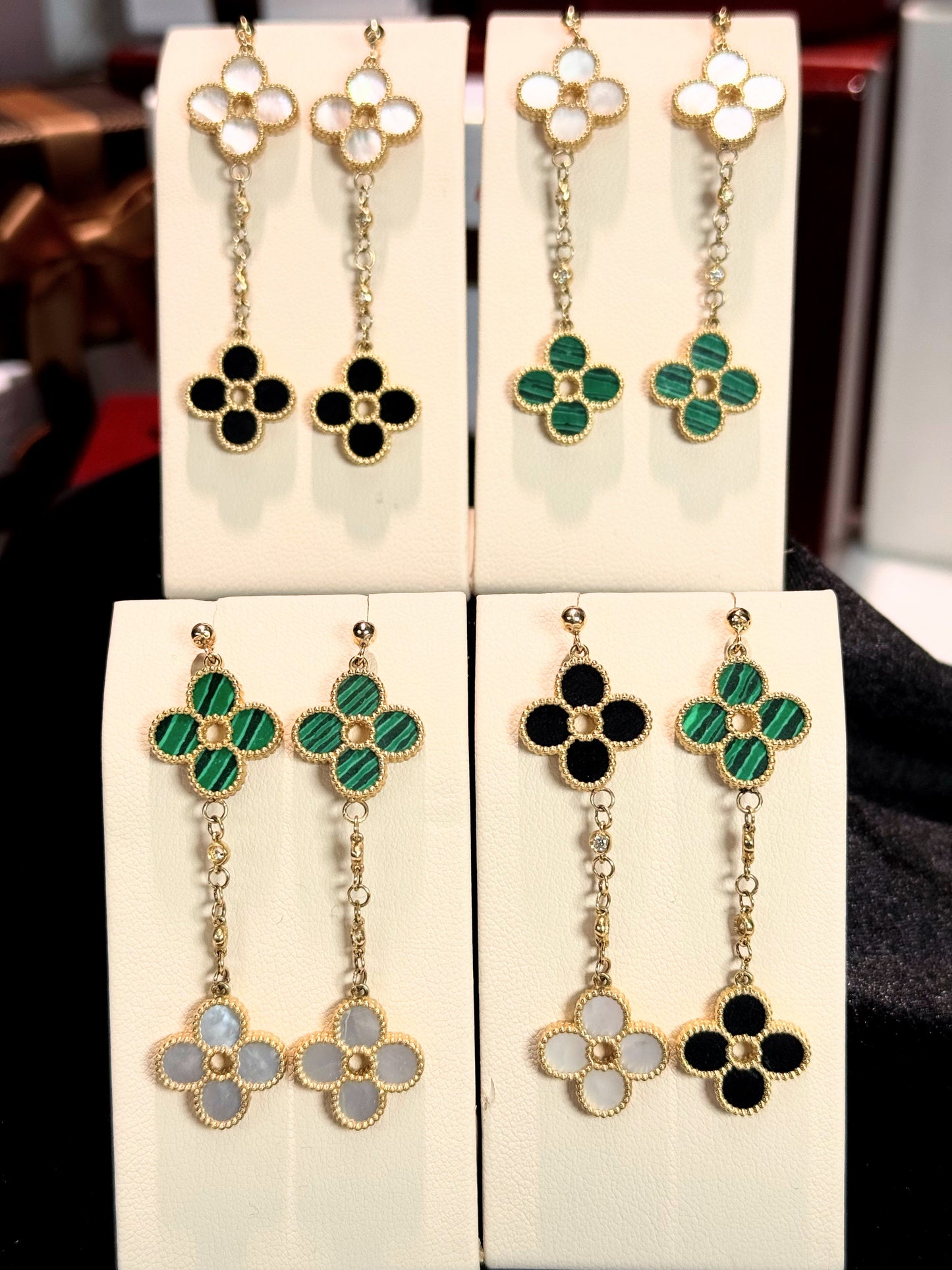 Van Cleef Inspired 14k Yellow Gold Four Pedals Dangling Earrings