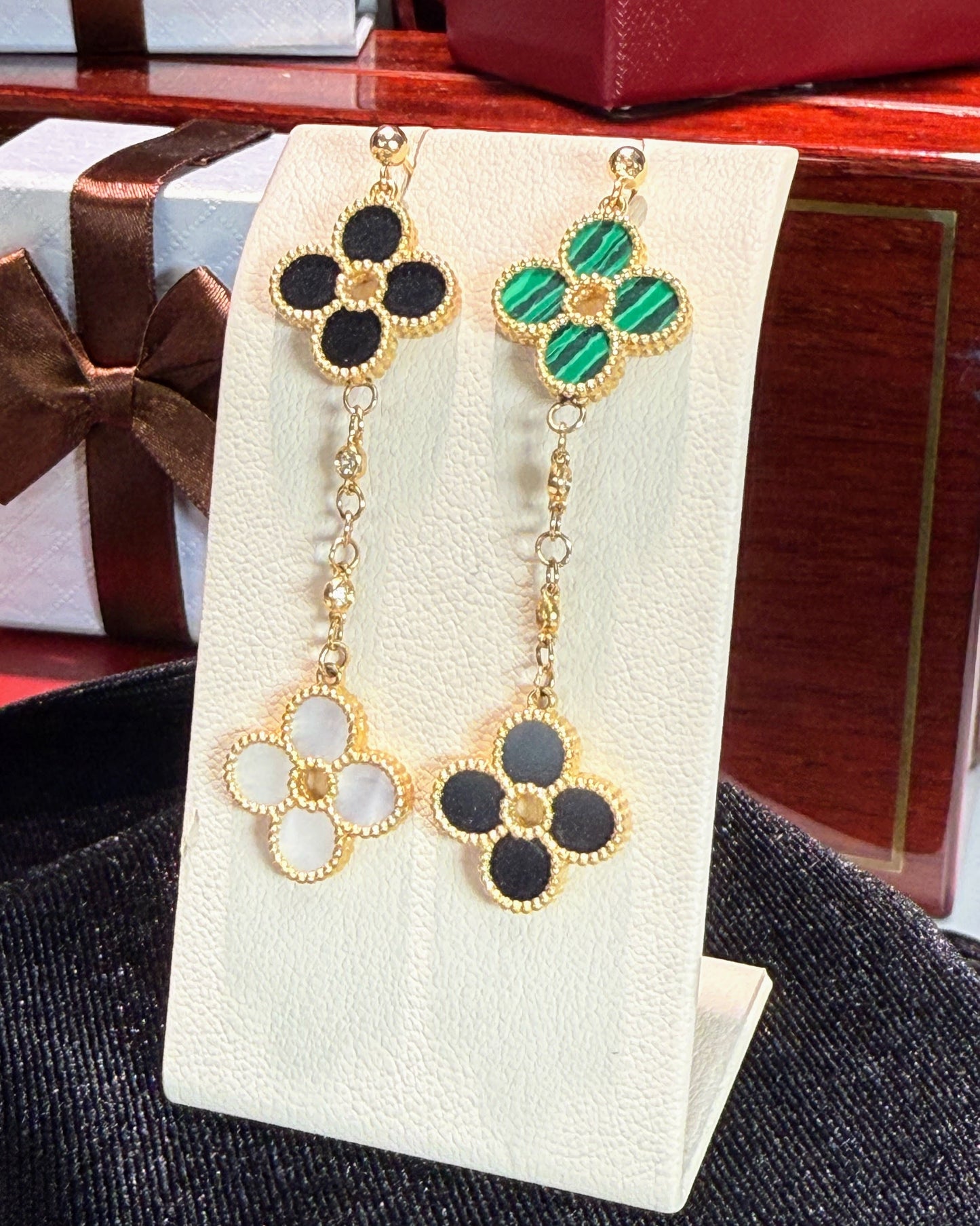 Van Cleef Inspired 14k Yellow Gold Four Pedals Dangling Earrings