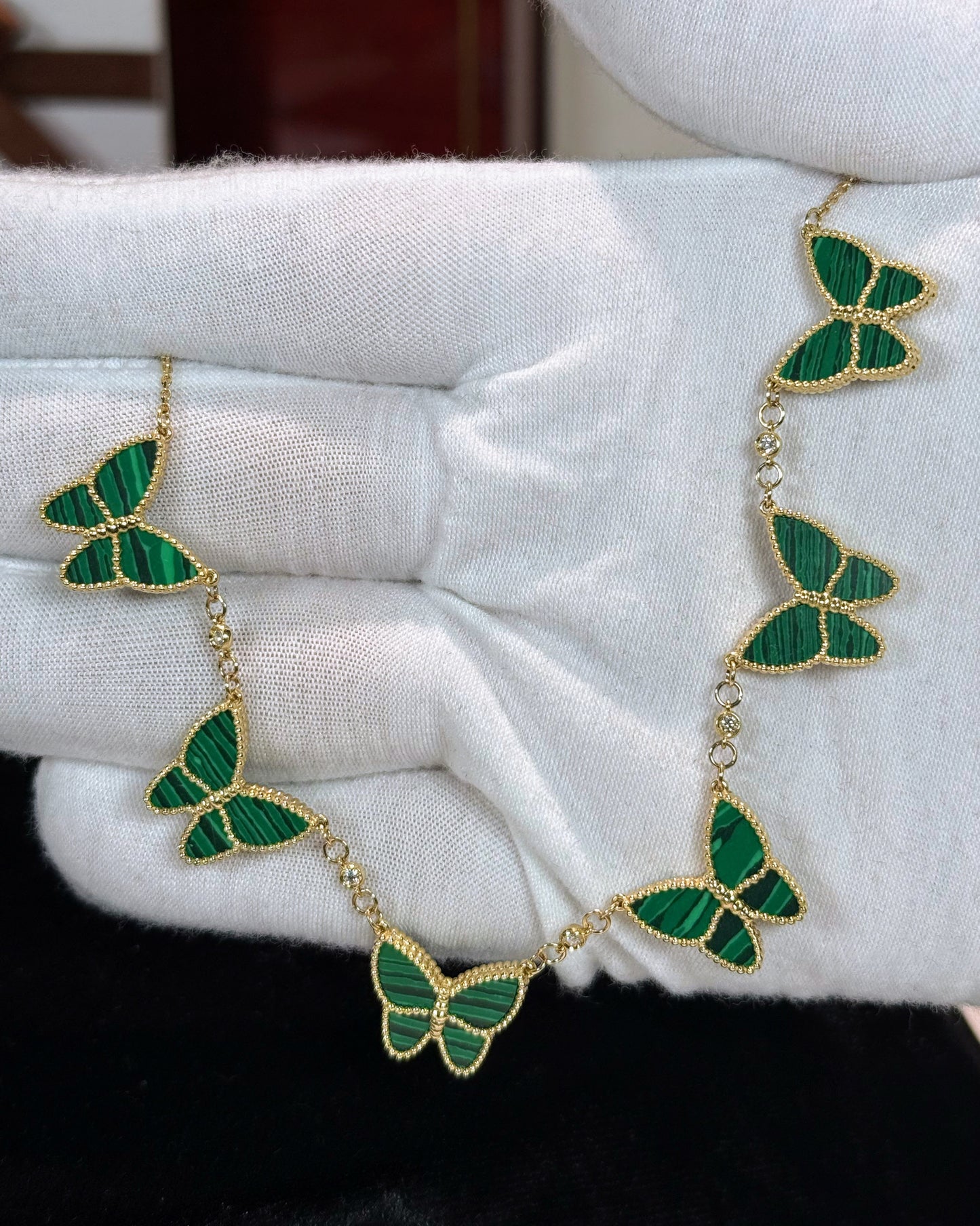 Van Cleef Inspired 14k Yellow Gold Green Malachite Butterfly Necklace