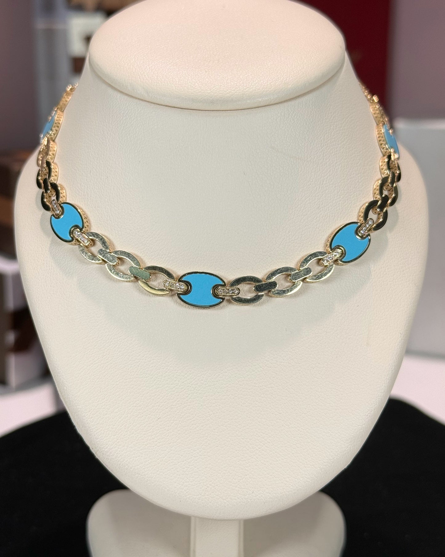 Blue Enamel Link Design 14k Yellow Gold Necklace