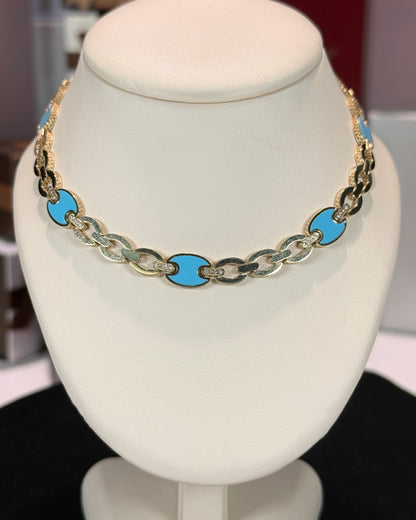 Blue Enamel Link Design 14k Yellow Gold Necklace