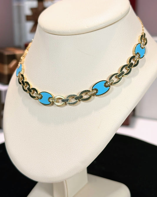 Blue Enamel Link Design 14k Yellow Gold Necklace