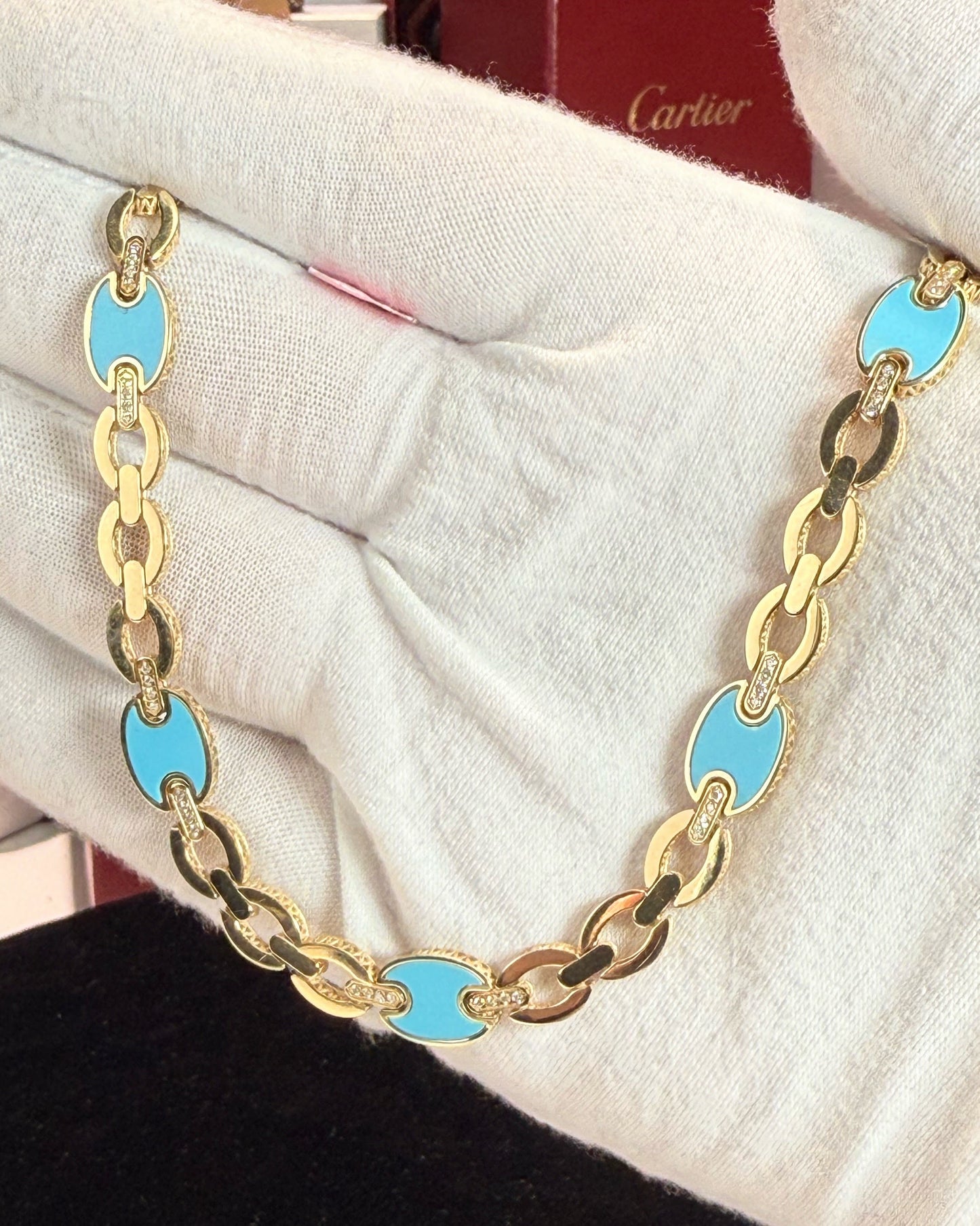 Blue Enamel Link Design 14k Yellow Gold Necklace