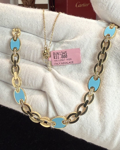 Blue Enamel Link Design 14k Yellow Gold Necklace