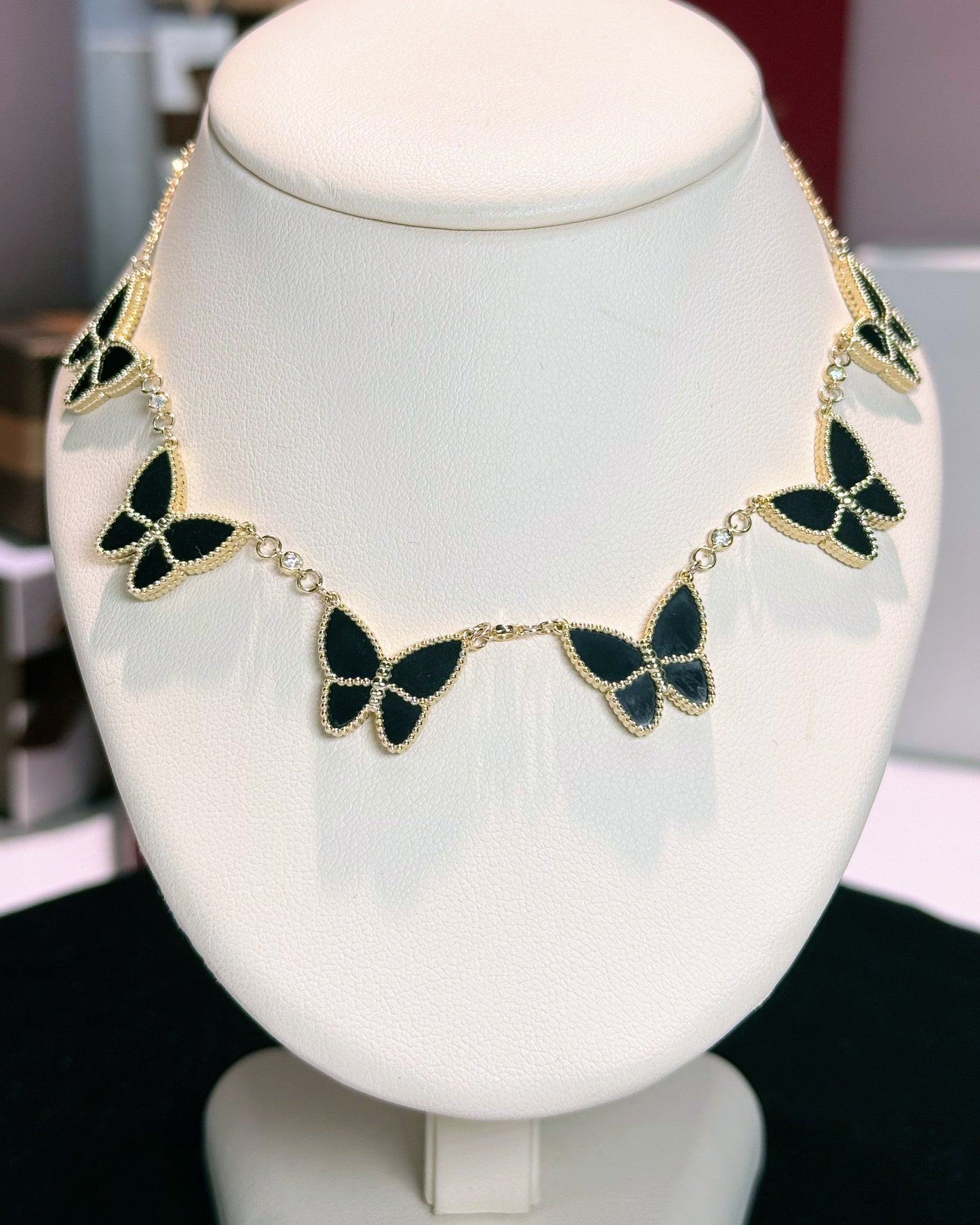 Van Cleef Inspired 14k Yellow Gold Black Onyx Butterfly Necklace
