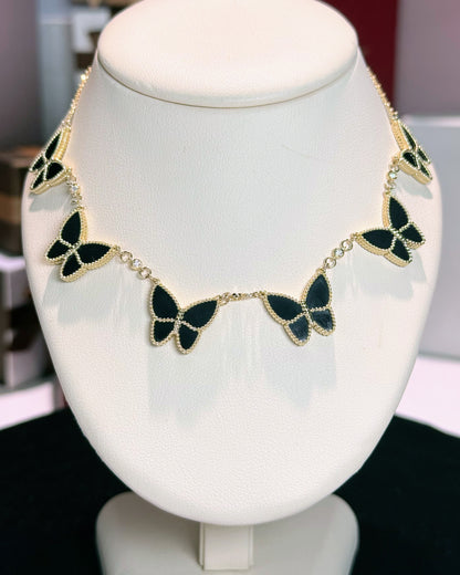 Van Cleef Inspired 14k Yellow Gold Black Onyx Butterfly Necklace