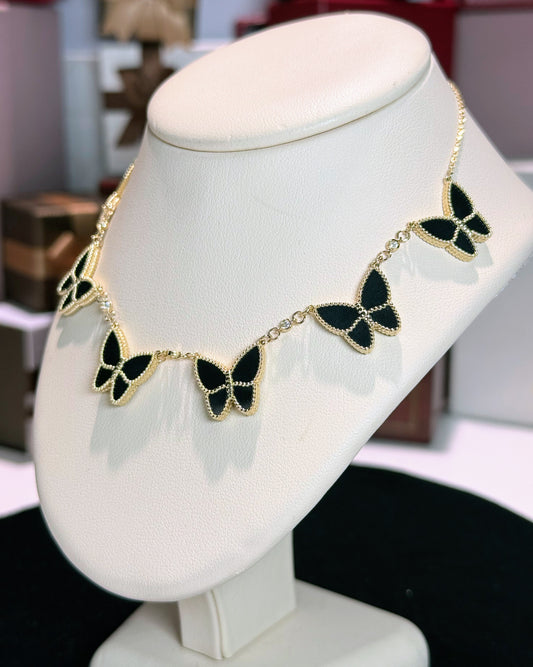 Van Cleef Inspired 14k Yellow Gold Black Onyx Butterfly Necklace