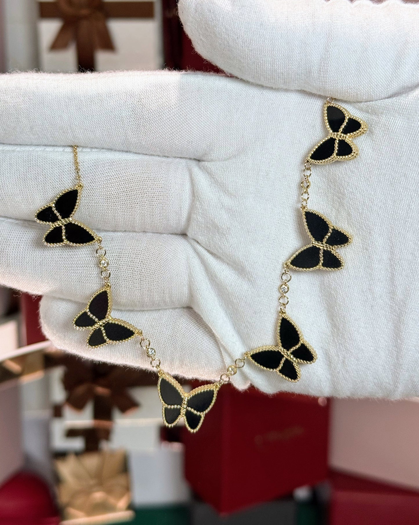 Van Cleef Inspired 14k Yellow Gold Black Onyx Butterfly Necklace
