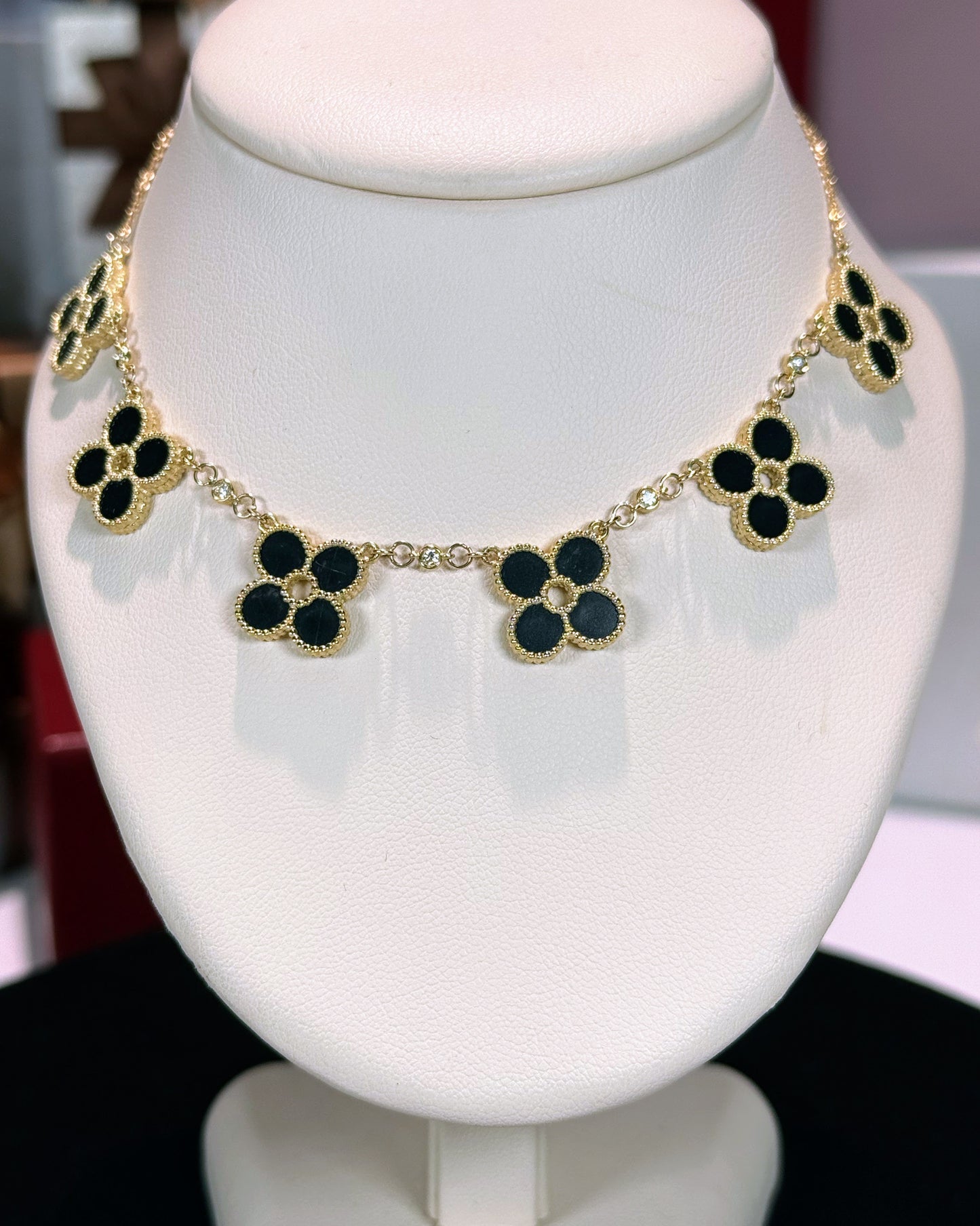 Van Cleef Inspired 14k Yellow Gold Black Onyx Four Pedals Necklace
