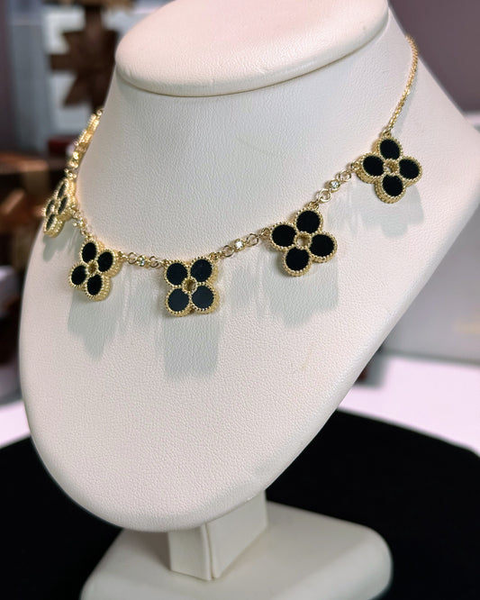 Van Cleef Inspired 14k Yellow Gold Black Onyx Four Pedals Necklace