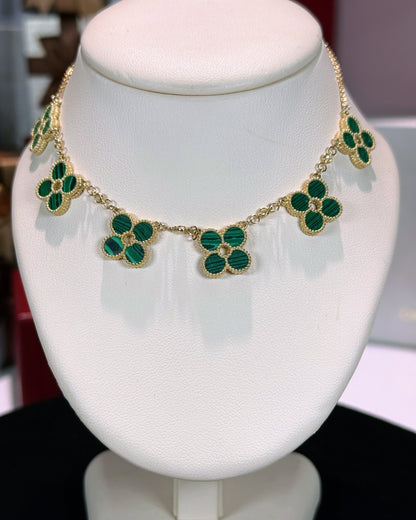 Van Cleef Inspired 14k Yellow Gold Green Malachite Four Pedals Necklace