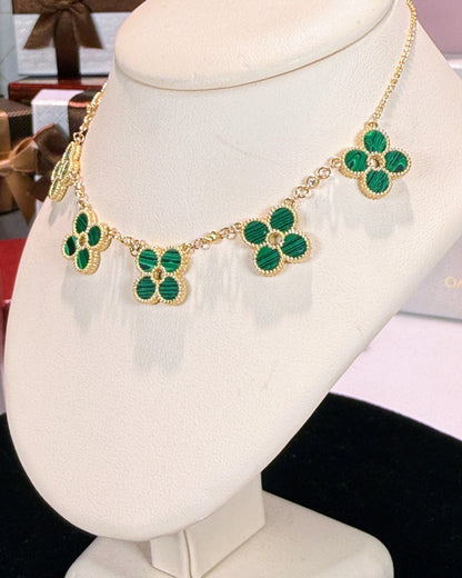 Van Cleef Inspired 14k Yellow Gold Green Malachite Four Pedals Necklace