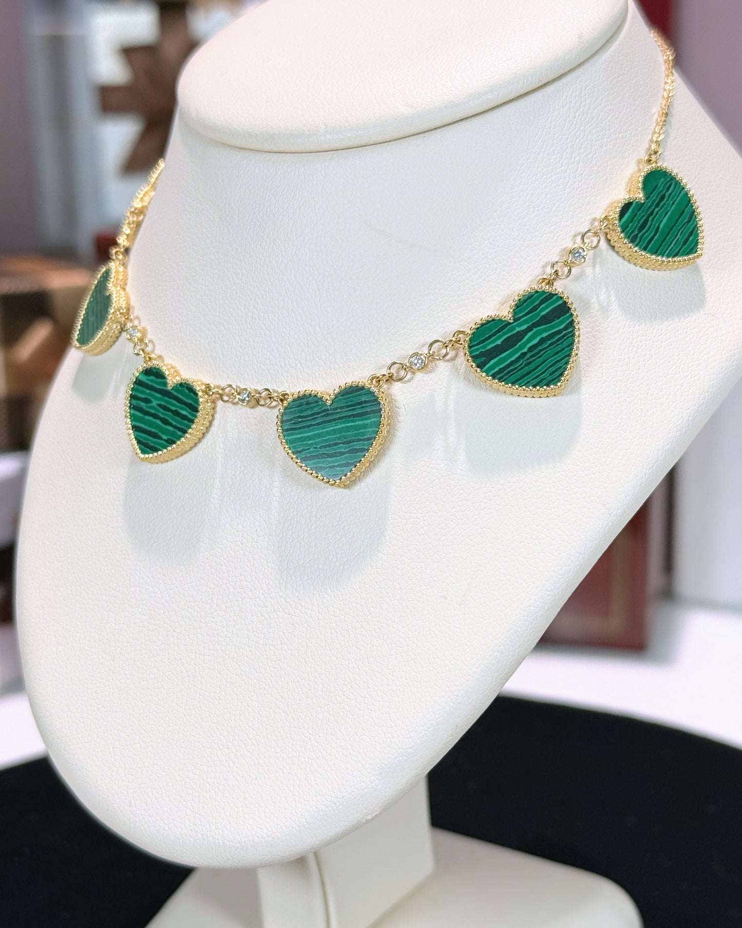 Van Cleef Inspired 14k Yellow Gold Green Malachite Heart Necklace