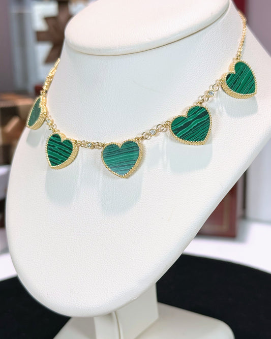 Van Cleef Inspired 14k Yellow Gold Green Malachite Heart Necklace