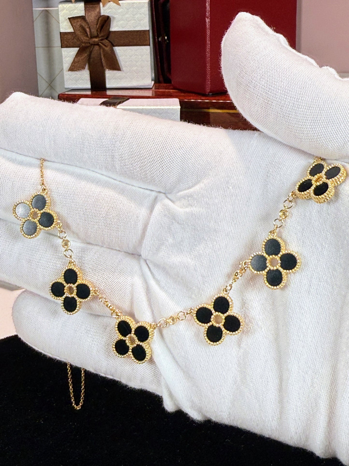Van Cleef Inspired 14k Yellow Gold Black Onyx Four Pedals Necklace