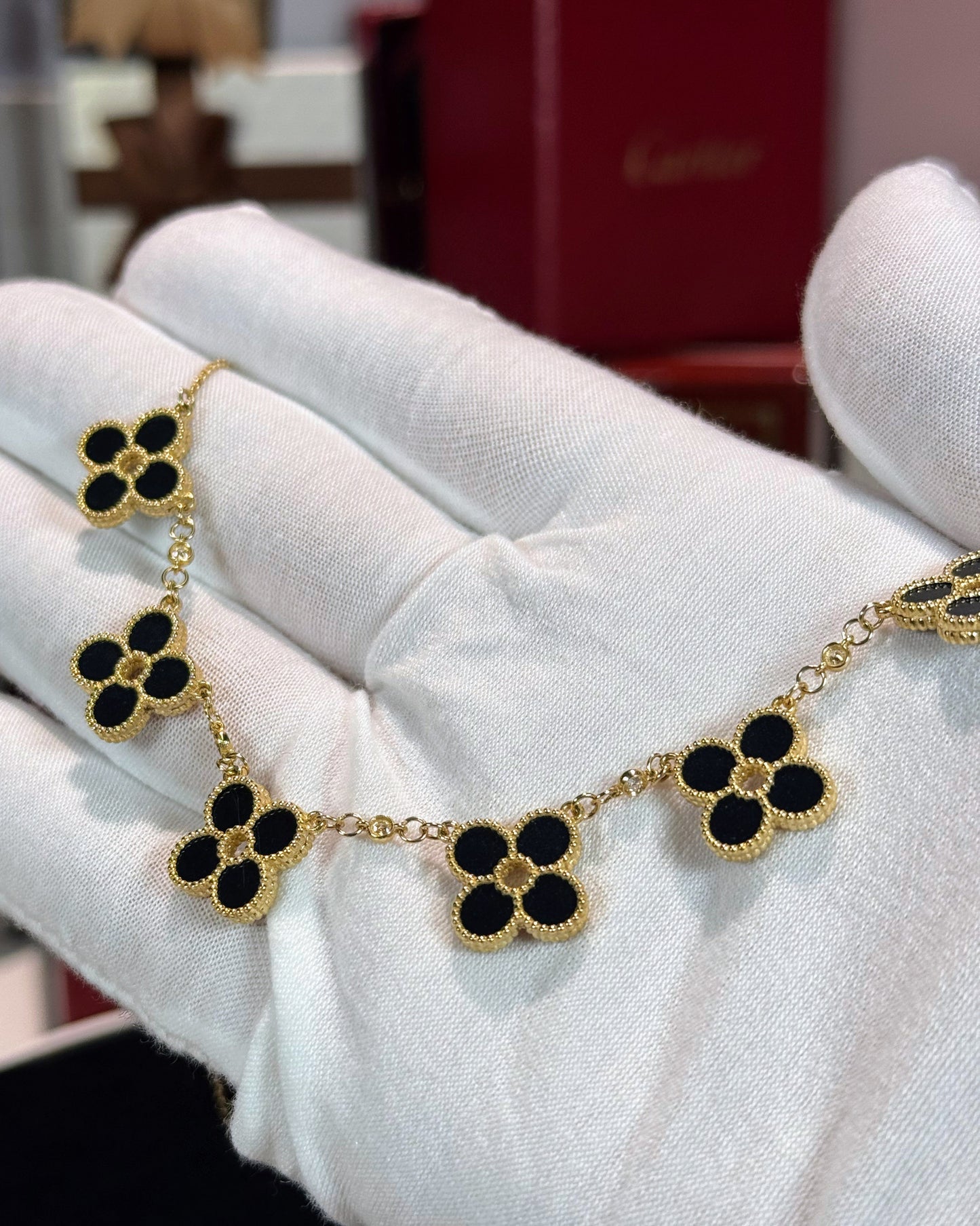 Van Cleef Inspired 14k Yellow Gold Black Onyx Four Pedals Necklace